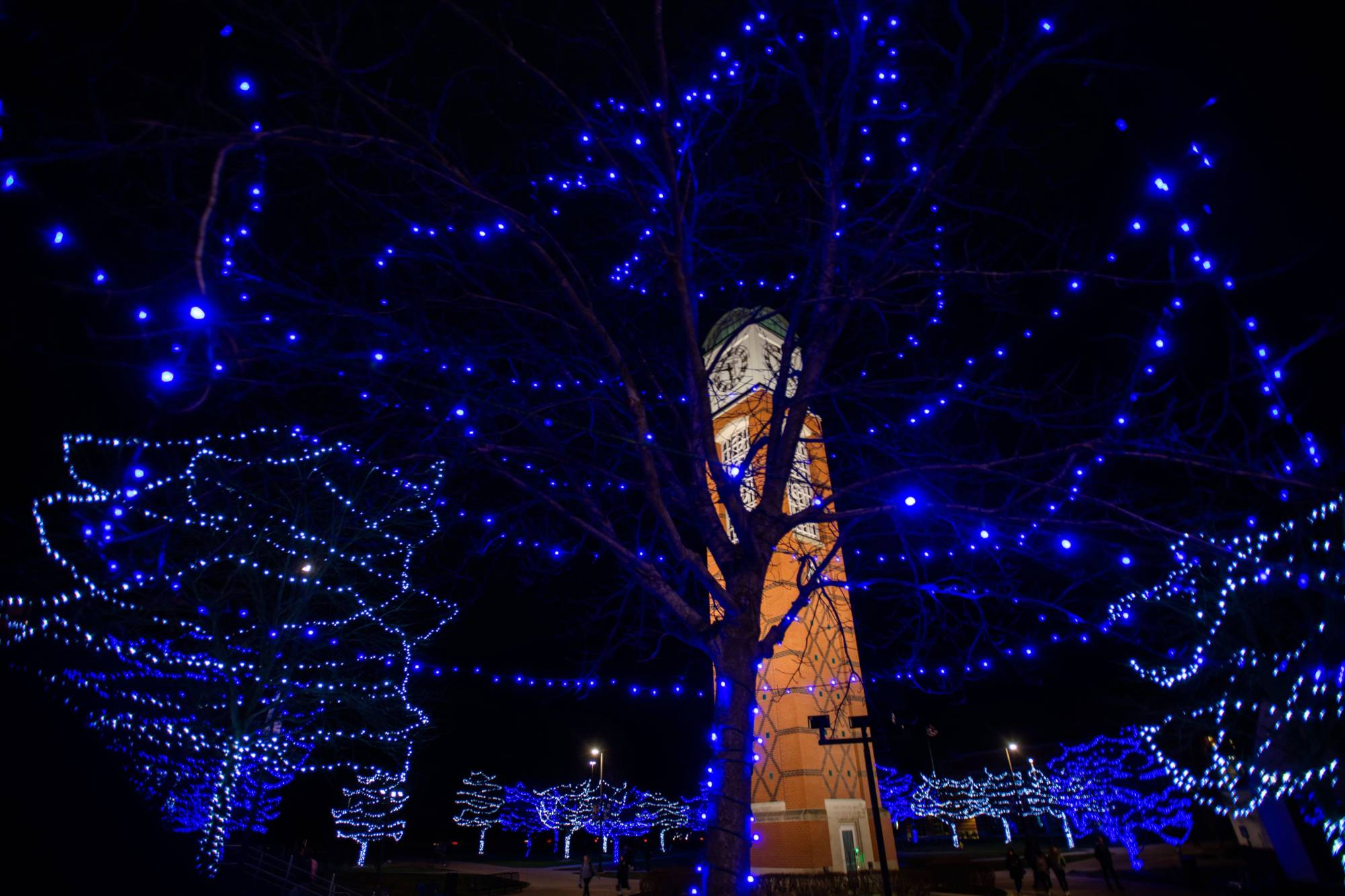 GVSU holiday lights near clocktower.